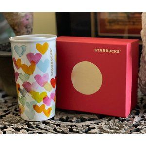 Valentines Day Starbucks Watercolor Hearts Ceramic Tumbler Traveler w/Red BoxNEW